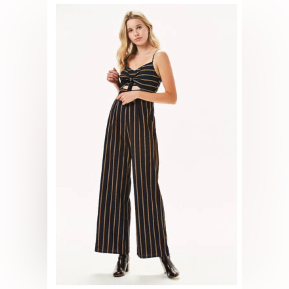 NWT Lottie Moss Tie Front Jumpsuit, Navy/Gold stripe, size small.